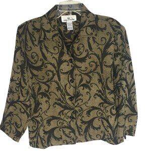 Erin London Jacket Womens Small Olive Black Jacquard Baroque Scroll Button Front